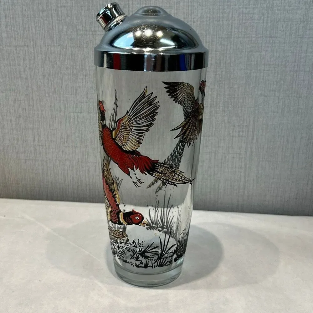 Vtg Hazel Atlas MCM Cocktail Shaker Pheasants Birds Glass 1950s Barware Metal Li
